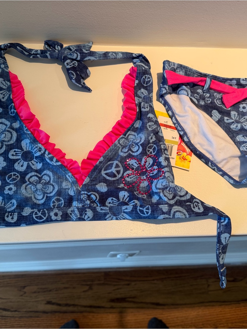 Floral Peace Sign Bikini Top & Bottom with Hot Pink Ruffle Trim